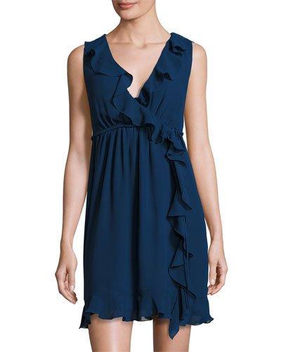 Sleeveless Ruffled Faux-wrap Dress, Purple Blue