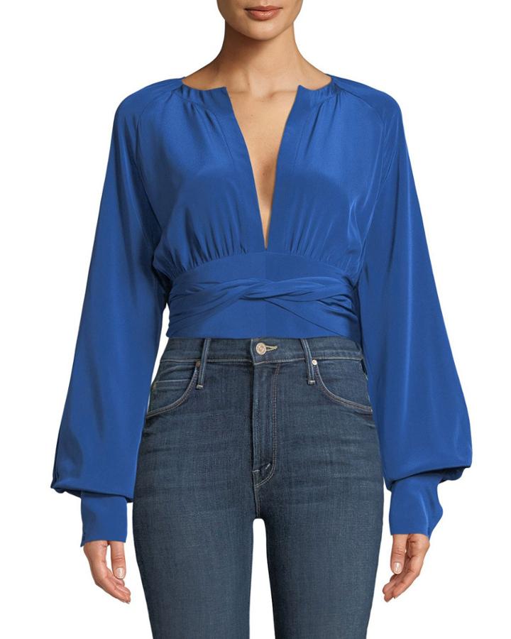 Blouson-sleeve Silk Keyhole Blouse