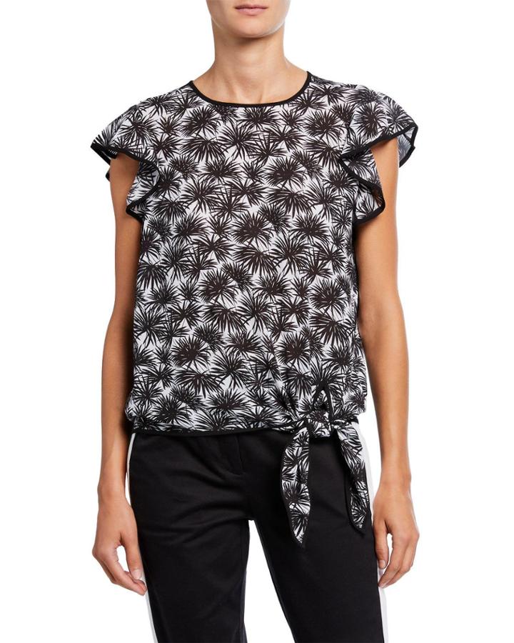 Flutter-sleeve Tie-waist Printed Blouse