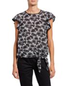 Flutter-sleeve Tie-waist Printed Blouse