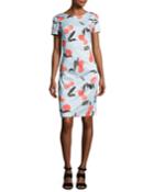 Cherry-print Short-sleeve Dress, Blue