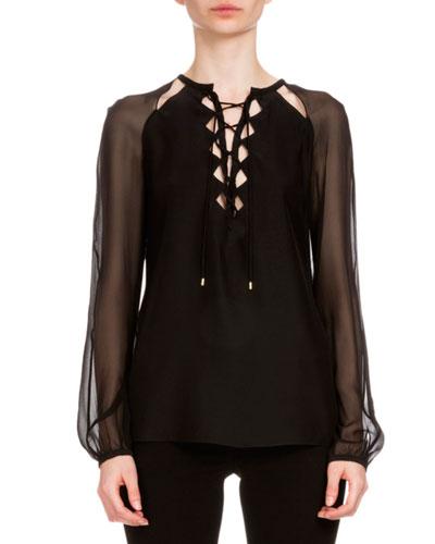 Benny Lace-up Satin Blouse, Black