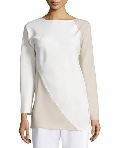 Spiral Colorblock Long-sleeve Top, Ivory/tan