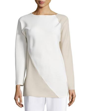 Spiral Colorblock Long-sleeve Top, Ivory/tan
