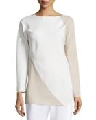 Spiral Colorblock Long-sleeve Top, Ivory/tan