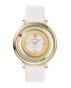 Venus Round Watch W/ Floating Red Topaz & Leather Strap, Golden/white