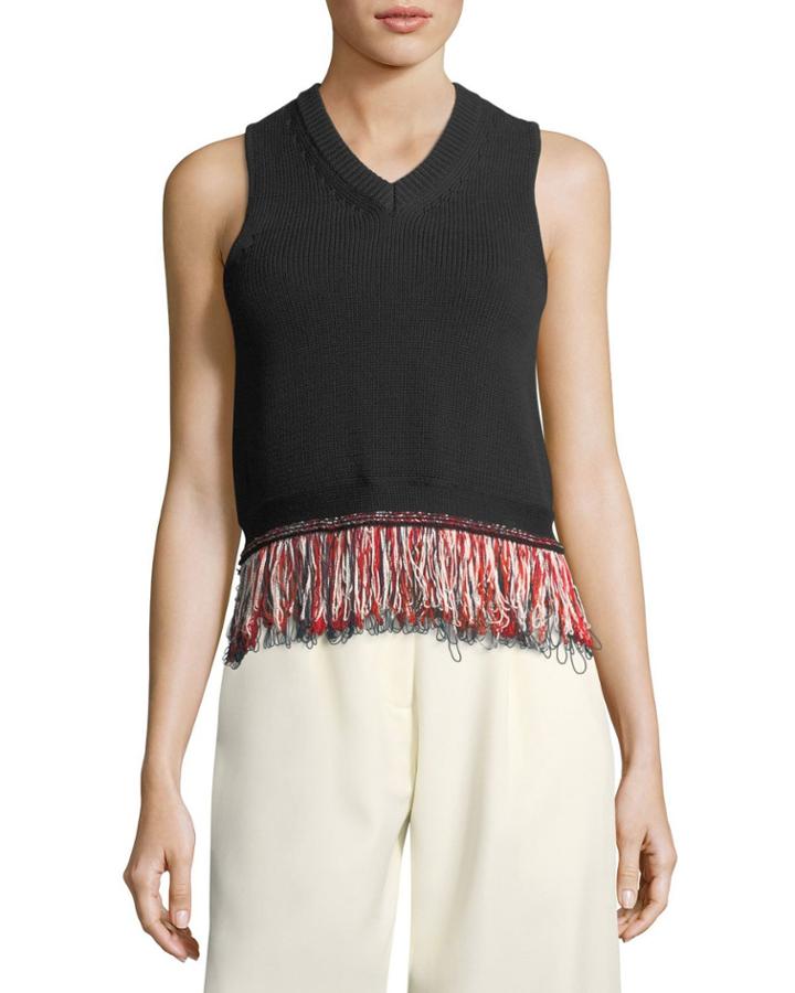 V-neck Sleeveless Knit Tank Top With Fringed-hem