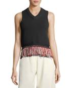 V-neck Sleeveless Knit Tank Top With Fringed-hem