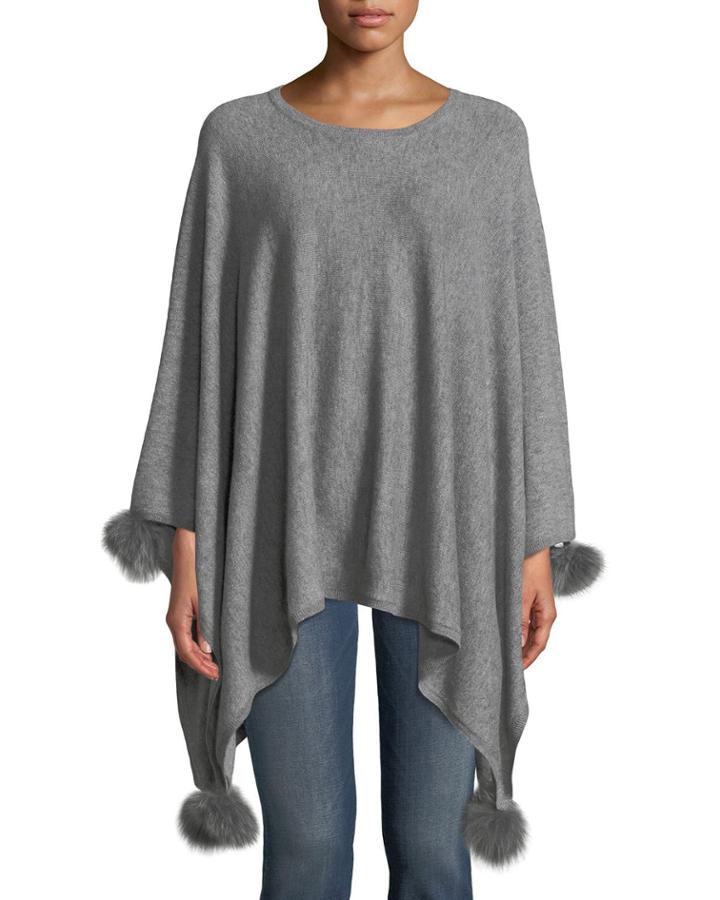 Cashmere Poncho W/ Fox Fur Pompoms