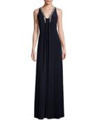 Sleeveless Shirred Jersey Column Gown, Dark Blue