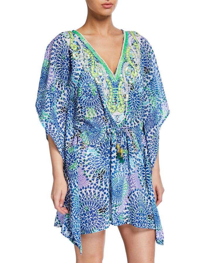 Printed Embellished V-neck Coverup