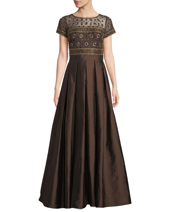 Beaded Illusion & Taffeta Ball Gown W/ Pockets