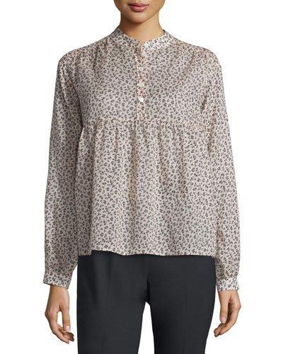Long-sleeve Mini Floral-print Blouse, Nude/black