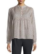 Long-sleeve Mini Floral-print Blouse, Nude/black