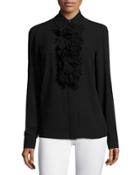 Long-sleeve Ruffle-front Blouse, Black