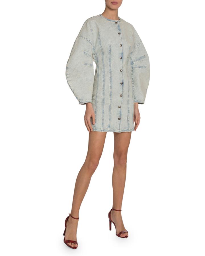 Lantern-sleeve Button-front Denim Dress