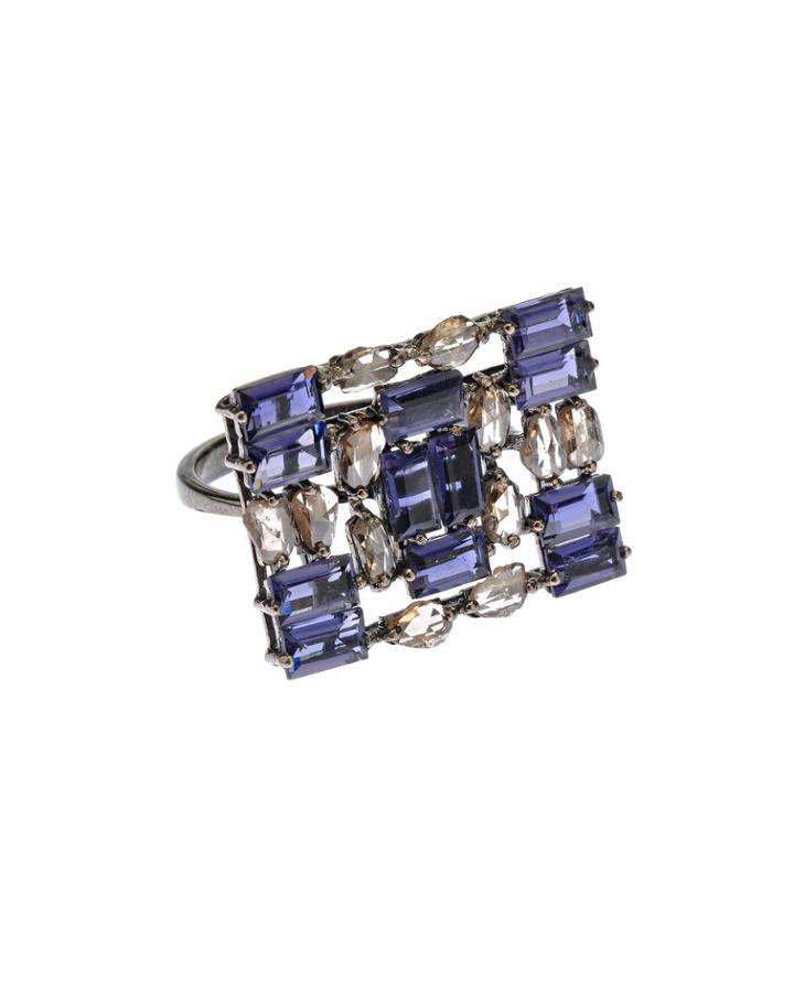 Silver Mosaic Ring With Iolite & Diamonds,