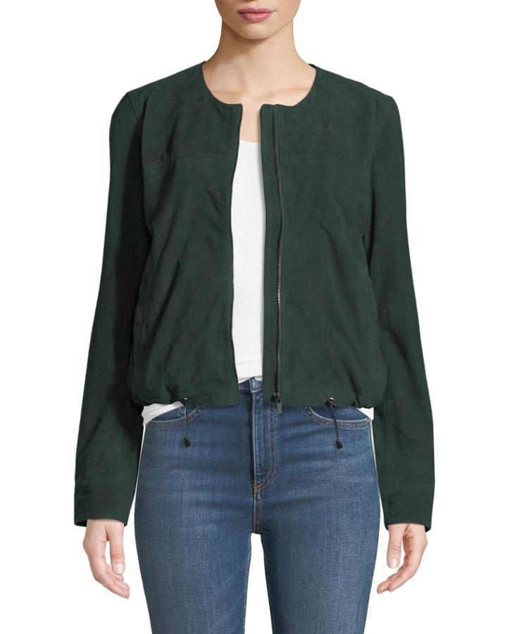 Suede Collarless Zip-front Jacket