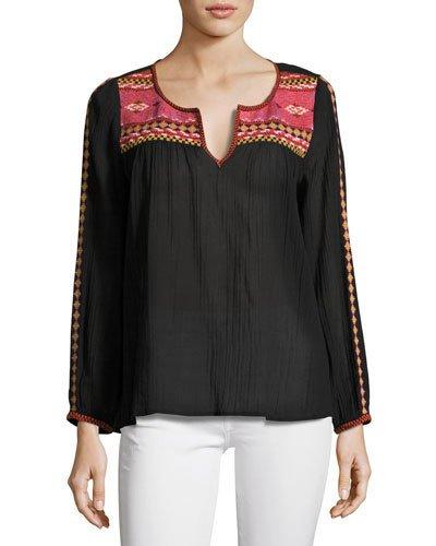 Cosima Embroidered Peasant Top, Black