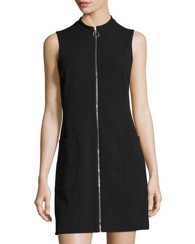 Sleeveless Zip-front Sheath Dress, Black