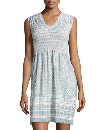 Smocked Jacquard Sleeveless Dress, Chalk/pink
