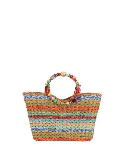 Beaded Ring Striped Straw Tote Bag,