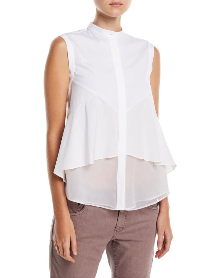 Cotton Poplin Sleeveless Button-front Blouse With Chiffon Hem