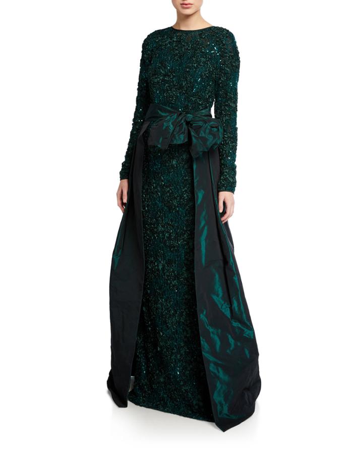 Long-sleeve Soutache Lace Taffeta Over-skirt Gown