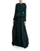 Long-sleeve Soutache Lace Taffeta Over-skirt Gown