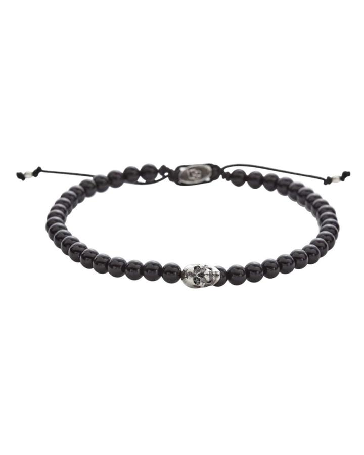 Men's Adjustable Beaded Skull Bracelet In Black Onyx