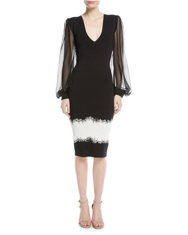 Mosaic V-neck Silk-sleeve Cocktail Dress