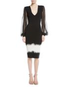 Mosaic V-neck Silk-sleeve Cocktail Dress
