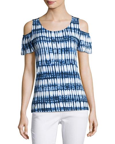 Tie-dye Flutter-sleeve Cold-shoulder Top, Blue Pattern