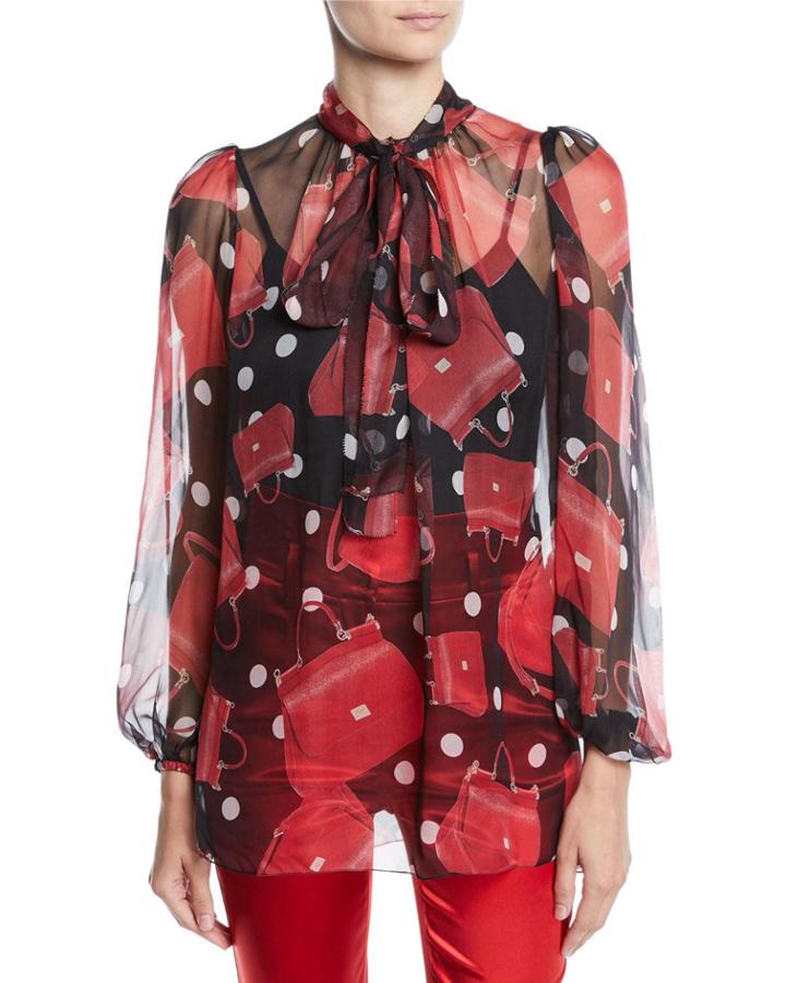 Tie-neck Long-sleeve Handbag-print Silk Chiffon Blouse