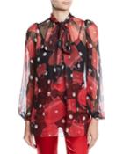 Tie-neck Long-sleeve Handbag-print Silk Chiffon Blouse