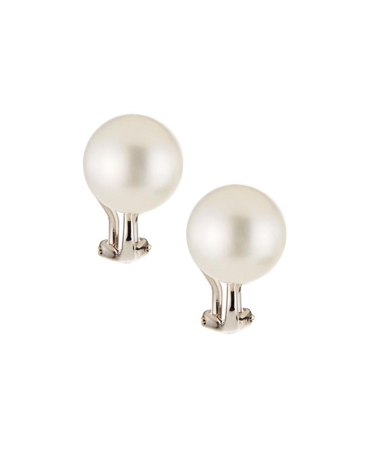 18k White Gold Pearl Omega-back Earrings, White
