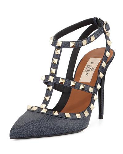 Rockstud Leather Caged Pump, Navy