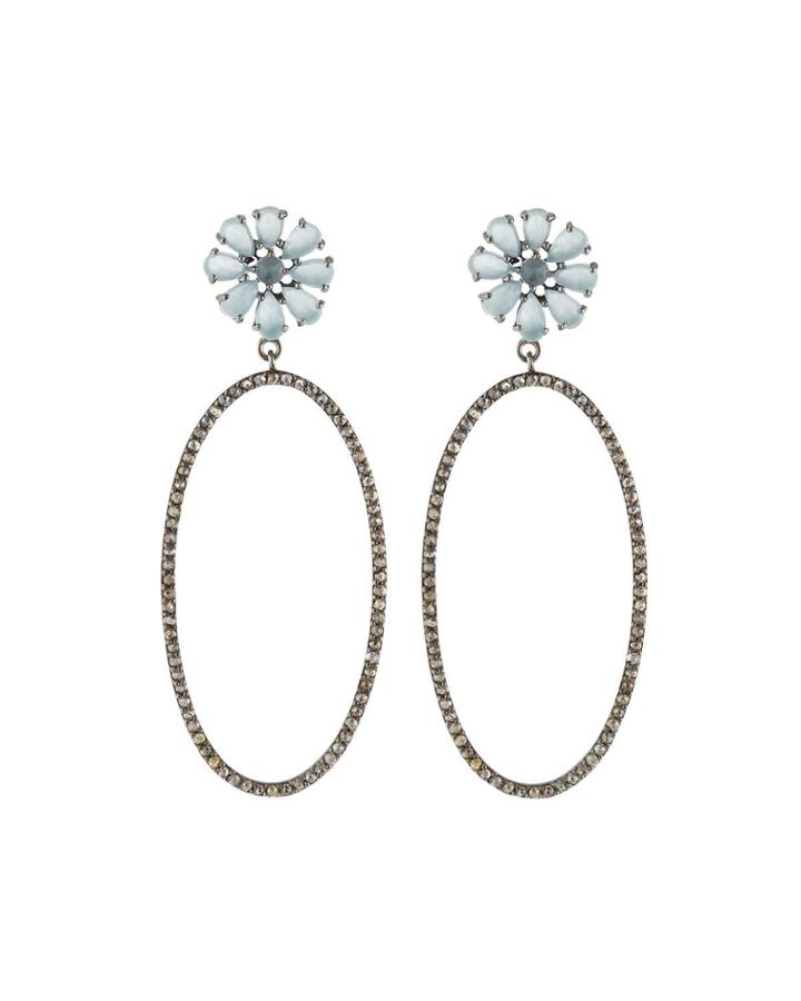 Aquamarine Flower & Diamond Oval-hoop Earrings