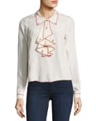 Embroidered Scalloped Silk Blouse, Cream