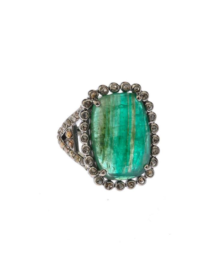 Rectangular Silver Ring With Emeralds & Rose-cut Diamonds,