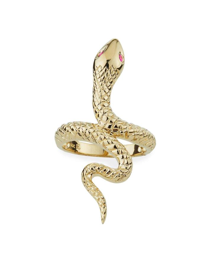 14k Gold Snake Ring W/ Ruby Eyes,