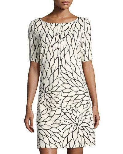 Amy Leaf-print Shift Dress, White/black