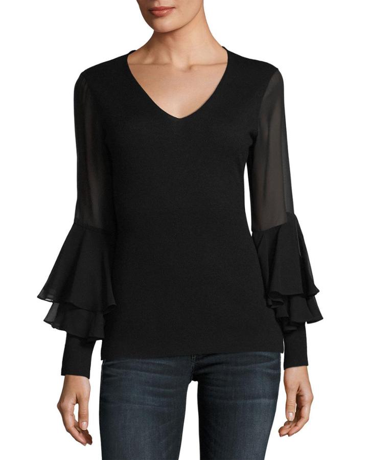Chiffon Ruffle-sleeve V-neck Cashmere