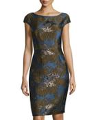 Cap-sleeve Brocade Sheath Dress, Blue/black