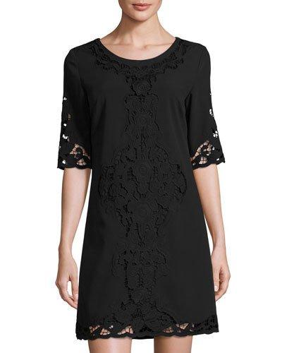 Scoop-neck Lace-trim Dress, Black