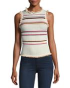 Sleeveless Ruffled Striped Rib-knit Tank