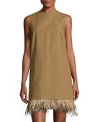 Feather-hem Short Dress, Olive