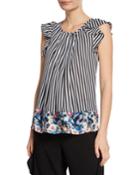 Pleated Ruffle Striped Tuck Top
