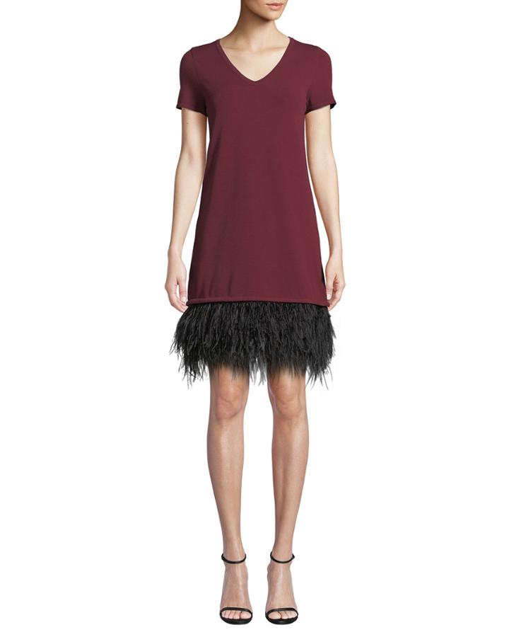 V-neck Short-sleeve Feather-hem Dress