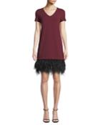 V-neck Short-sleeve Feather-hem Dress